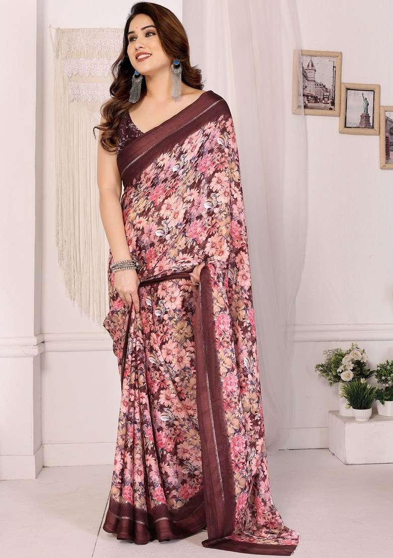 Brown Printed Blended Saree Set - Indya