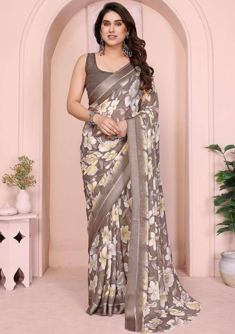 Brown Printed Blended Saree Set - Indya