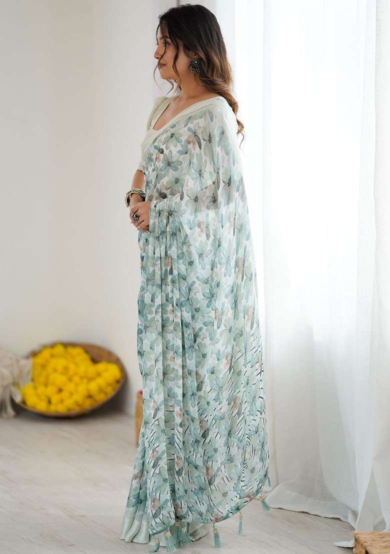 Sea Green Printed Blended Saree Set - Indya