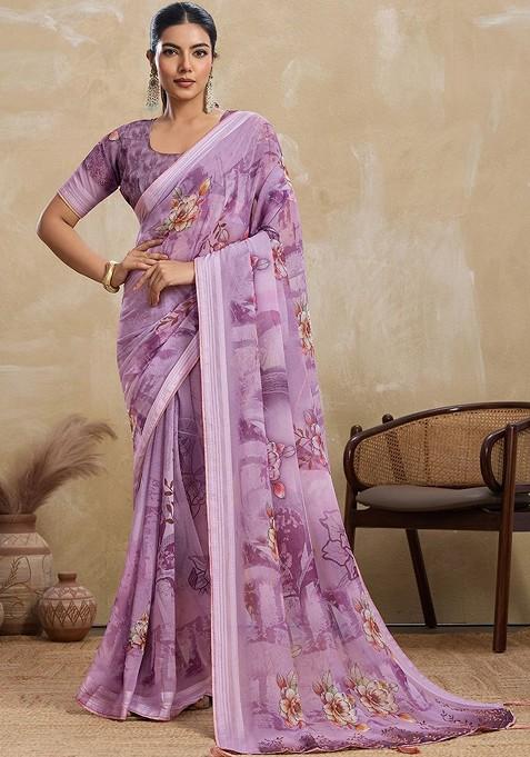 Purple Printed Blended Saree Set
