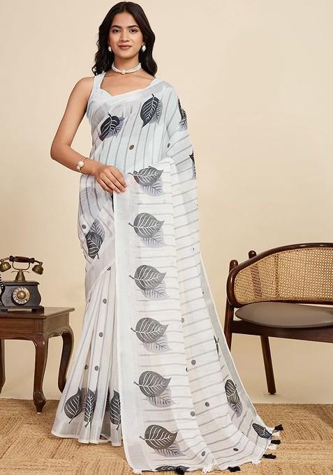White Printed Blended Saree Set