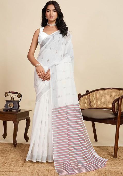 White Embroidered Blended Saree Set