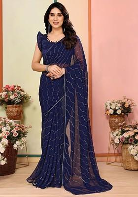 Blue Embellished Blended Saree Set