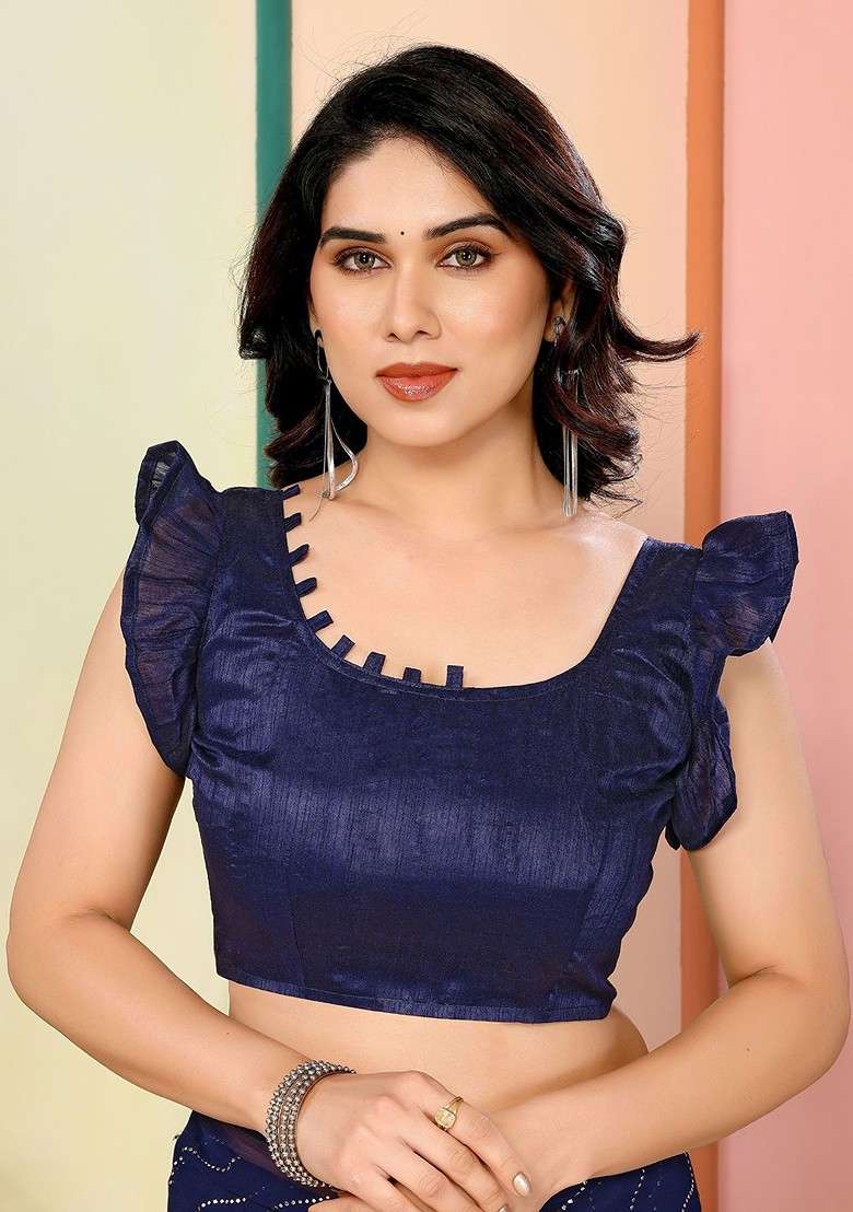 Blue Embellished Blended Saree Set - Indya