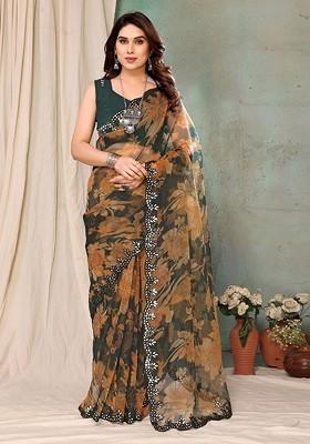 Brown Printed Blended Saree Set