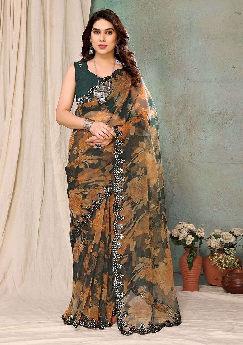 Brown Printed Blended Saree Set - Indya