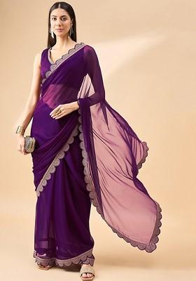 Purple Embroidered Blended Saree Set
