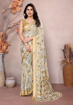 Cream Printed Blended Saree Set