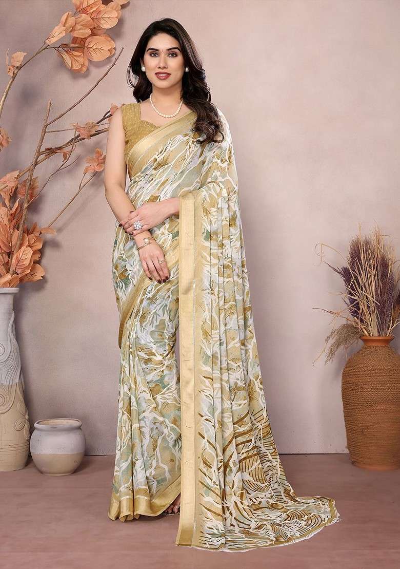 Cream Printed Blended Saree Set - Indya