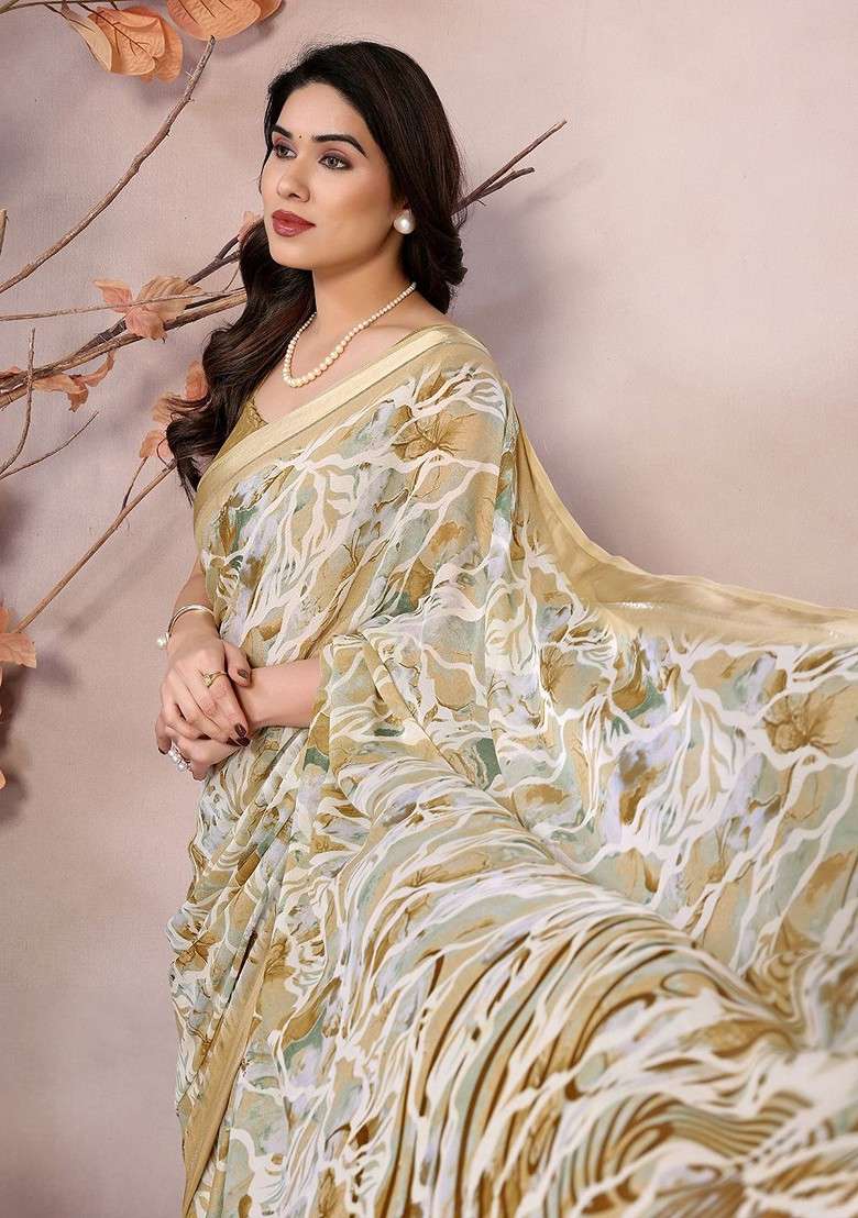 Cream Printed Blended Saree Set - Indya