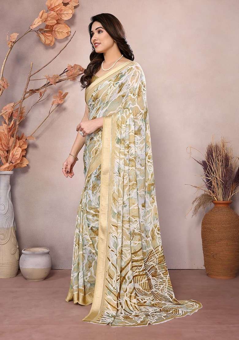 Cream Printed Blended Saree Set - Indya