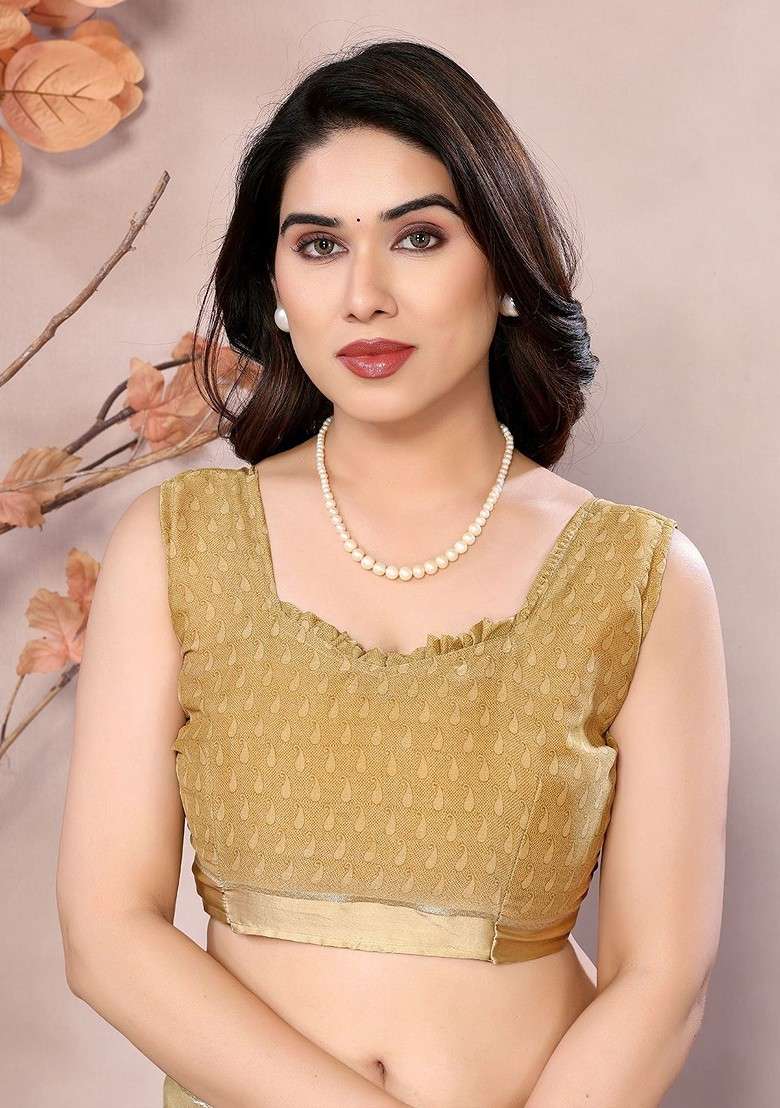 Cream Printed Blended Saree Set - Indya