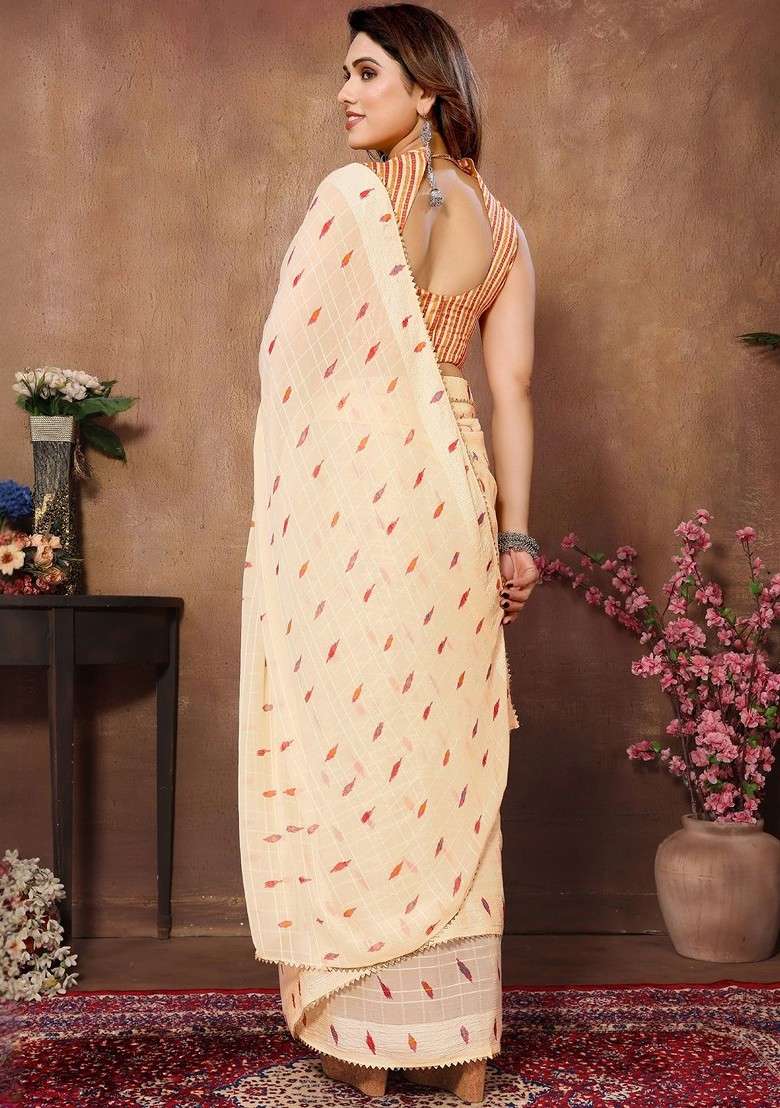 Cream Printed Blended Saree Set - Indya
