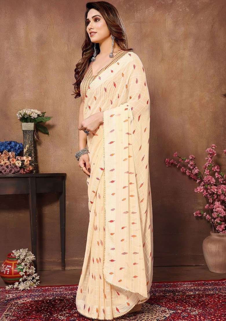 Cream Printed Blended Saree Set - Indya