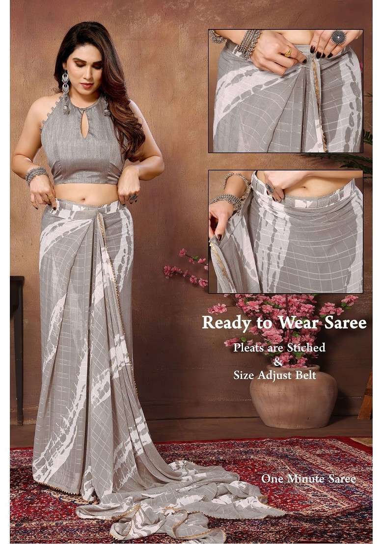Grey Embellished Blended Saree Set - Indya