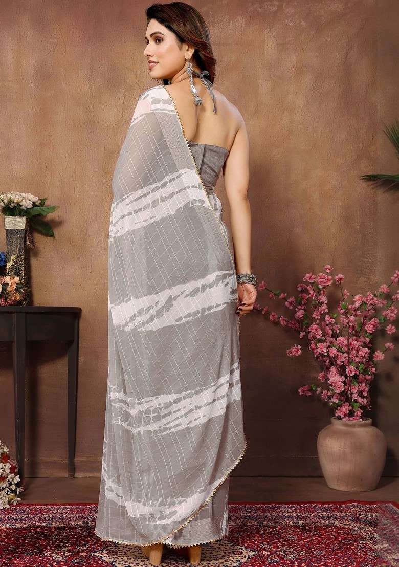 Grey Embellished Blended Saree Set - Indya