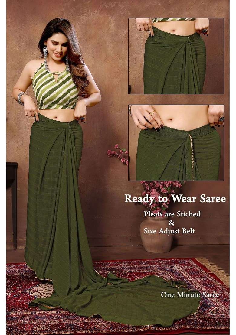 Green Embellished Blended Saree Set - Indya