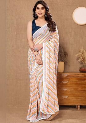 Cream Embroidered Blended Saree Set