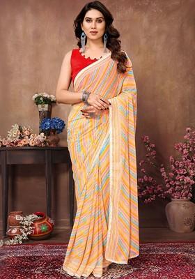 Cream Embellished Blended Saree Set