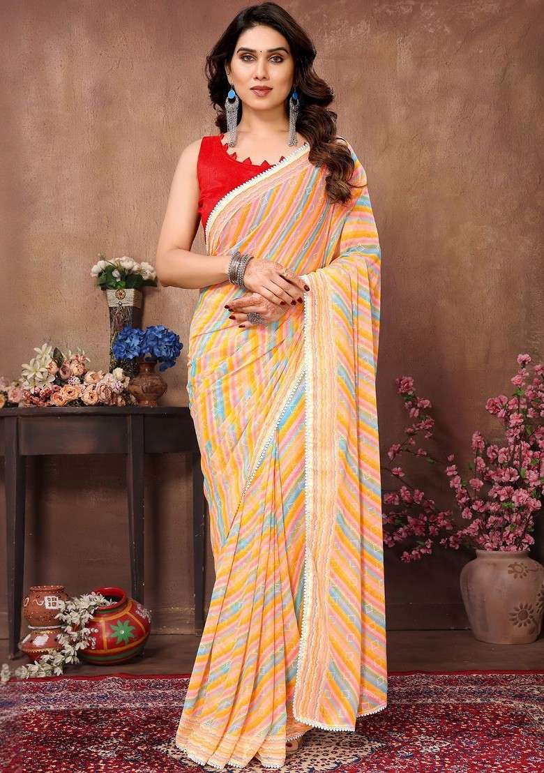 Cream Embellished Blended Saree Set - Indya