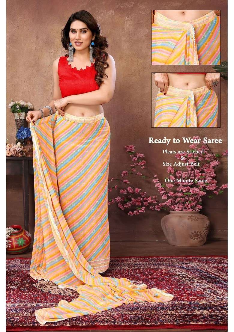 Cream Embellished Blended Saree Set - Indya