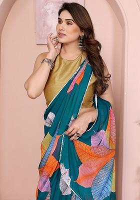 Teal Printed Blended Saree Set