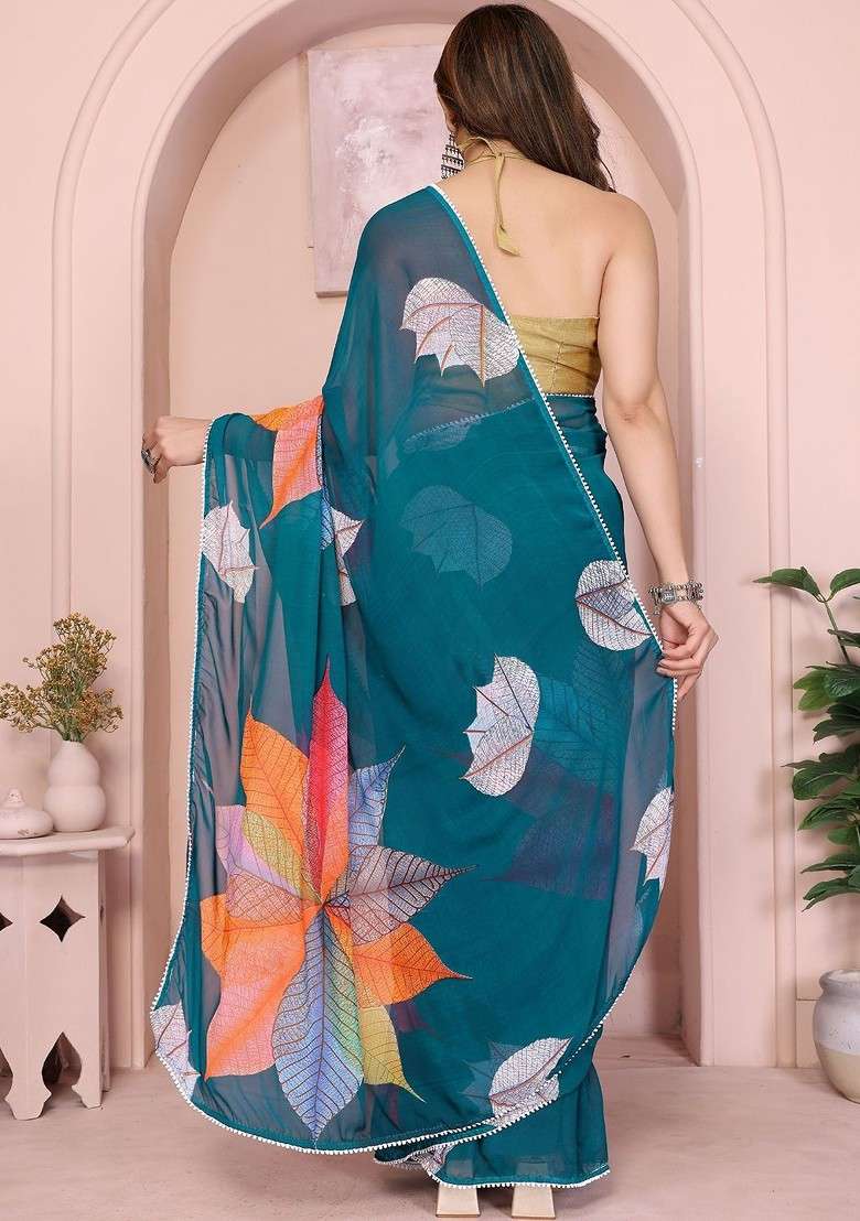 Teal Printed Blended Saree Set - Indya