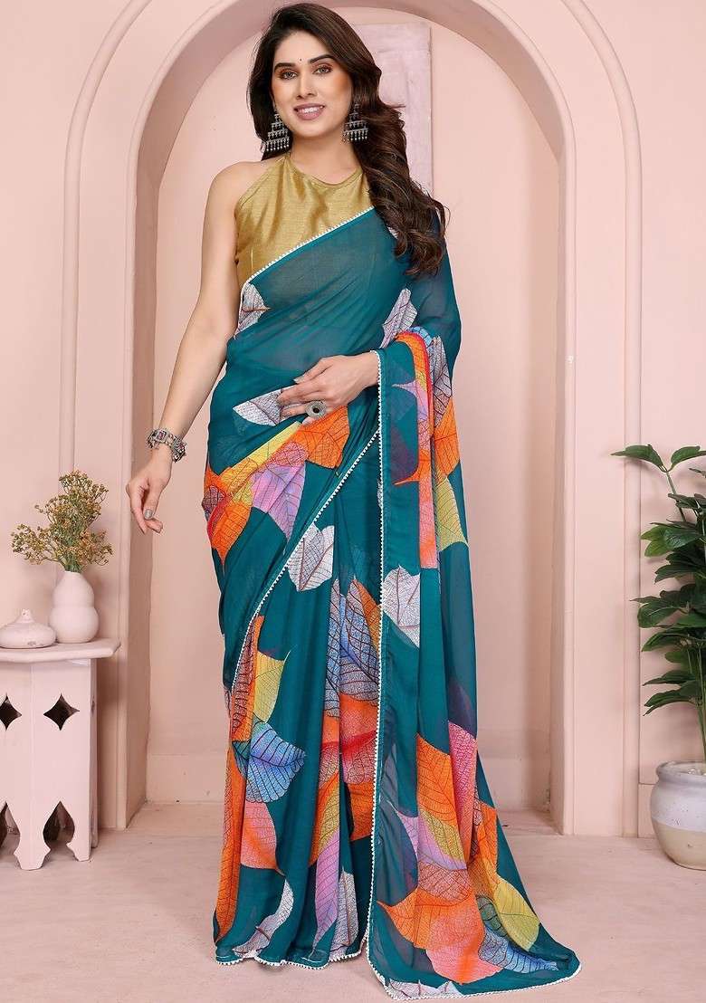Teal Printed Blended Saree Set - Indya