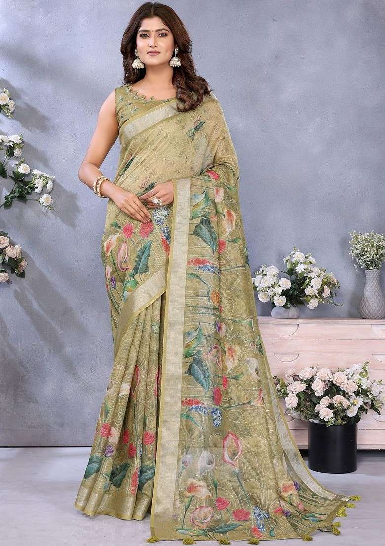 Cream Printed Blended Saree Set - Indya