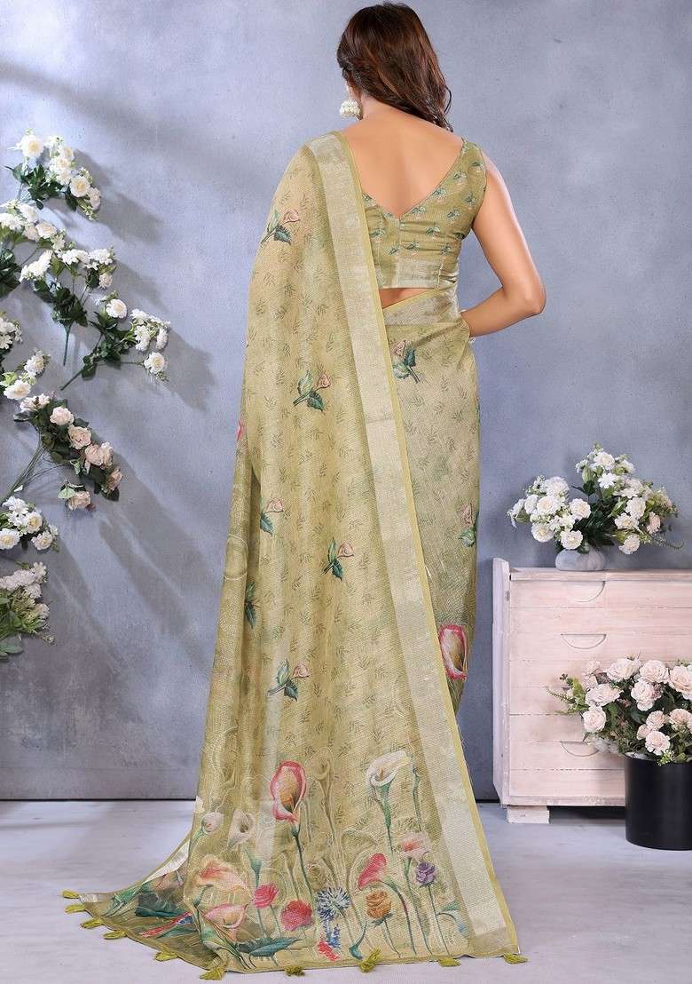 Cream Printed Blended Saree Set - Indya