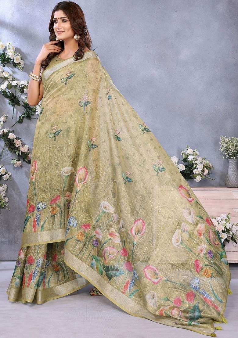 Cream Printed Blended Saree Set - Indya
