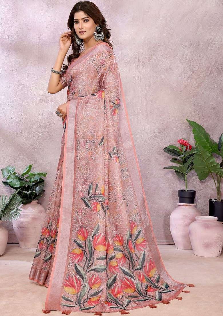 Peach Printed Blended Saree Set - Indya