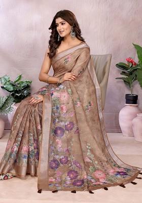 Brown Printed Blended Saree Set