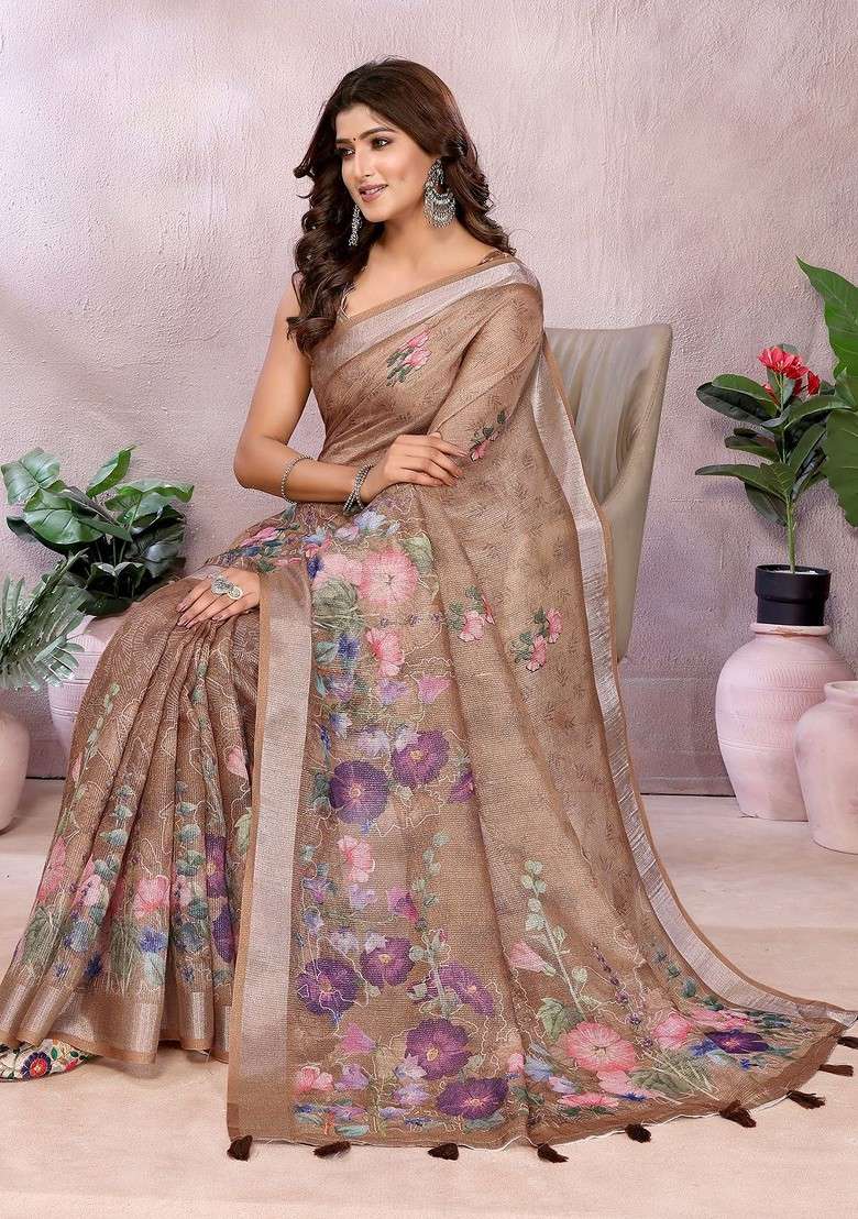 Brown Printed Blended Saree Set - Indya
