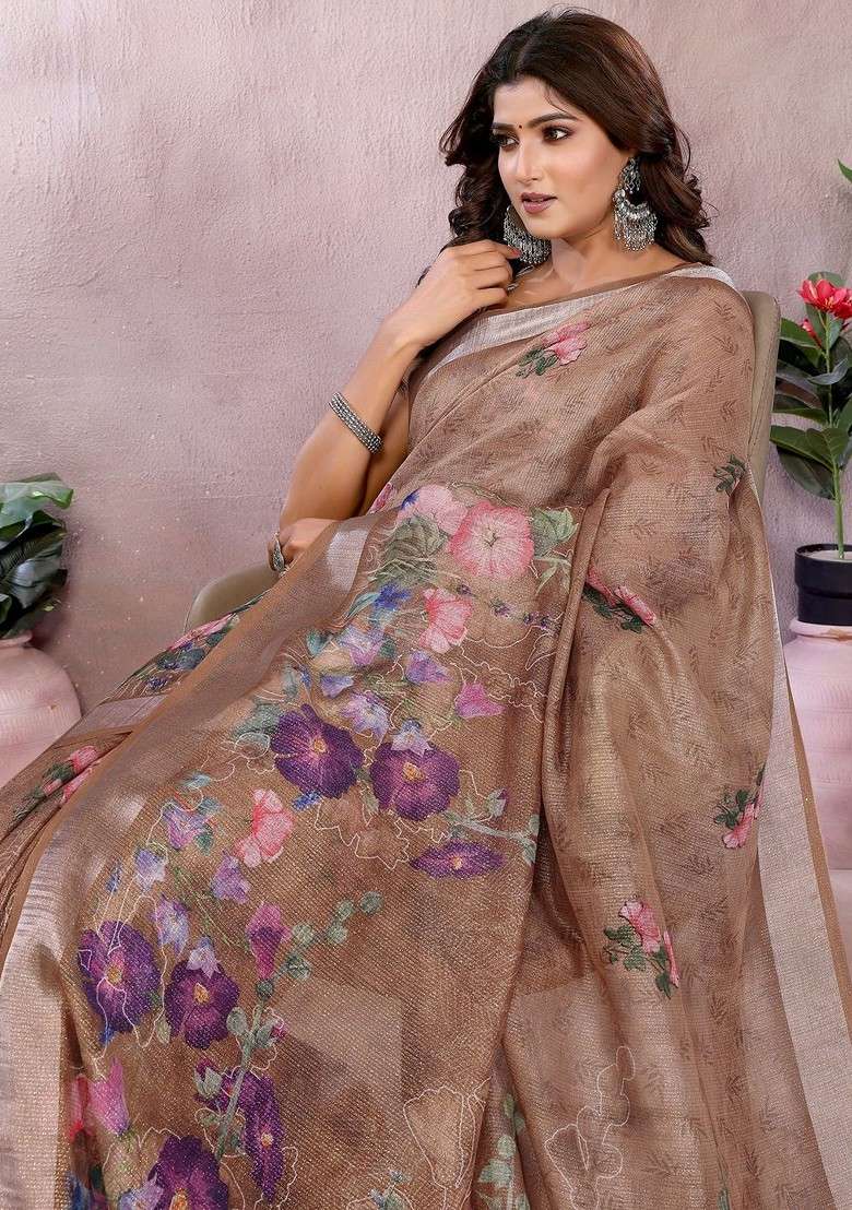 Brown Printed Blended Saree Set - Indya