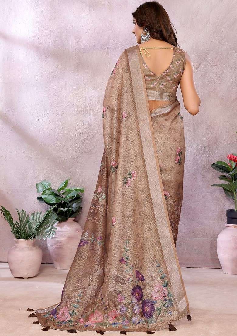 Brown Printed Blended Saree Set - Indya