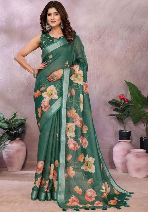 Green Printed Blended Saree Set
