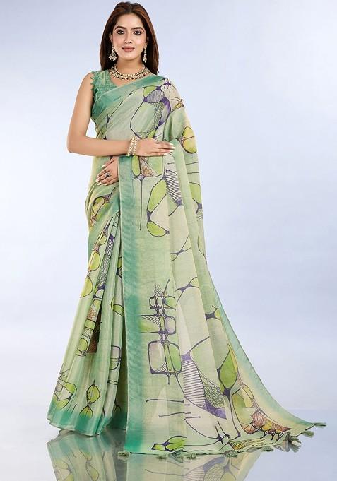 Green Printed Blended Saree Set