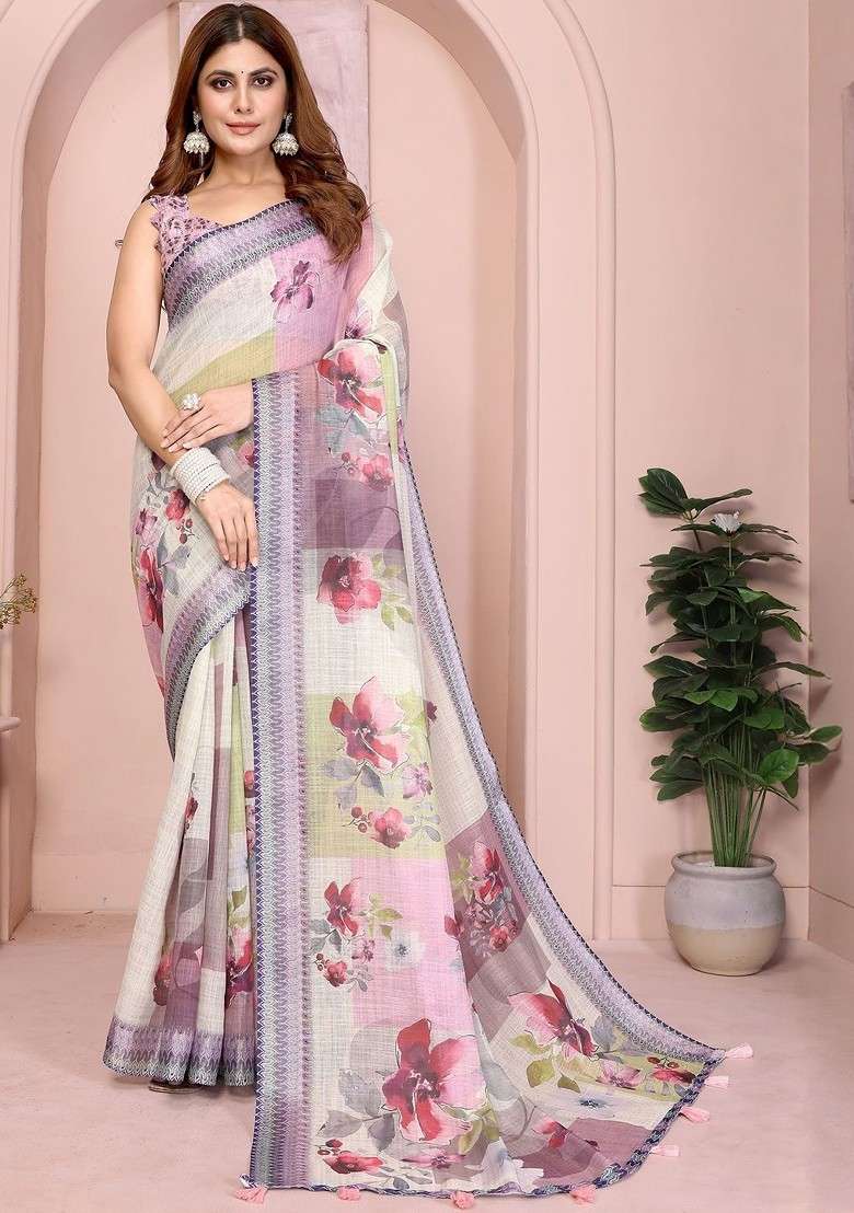 Cream Printed Blended Saree Set - Indya