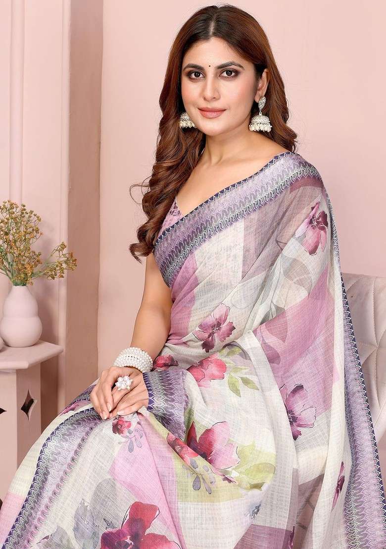 Cream Printed Blended Saree Set - Indya