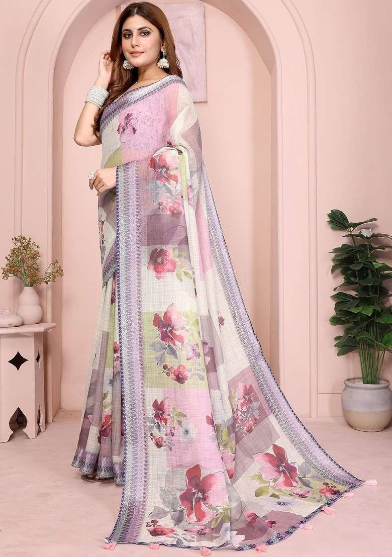 Cream Printed Blended Saree Set - Indya