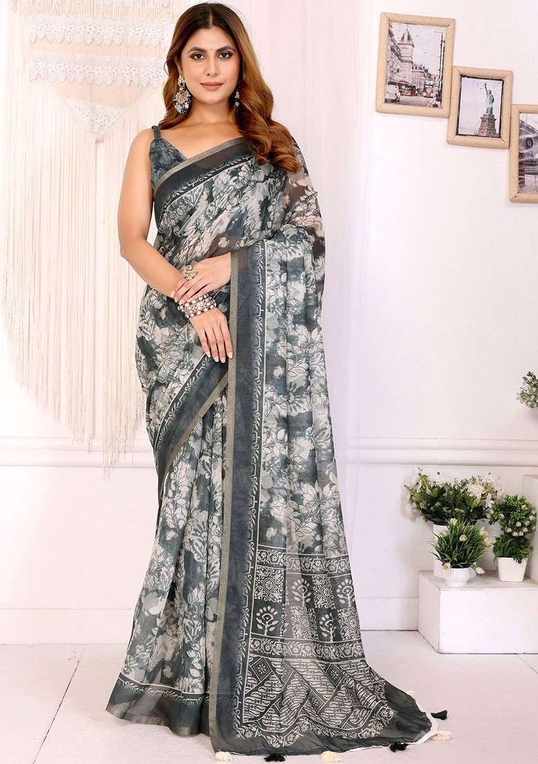 Black Printed Blended Saree Set - Indya