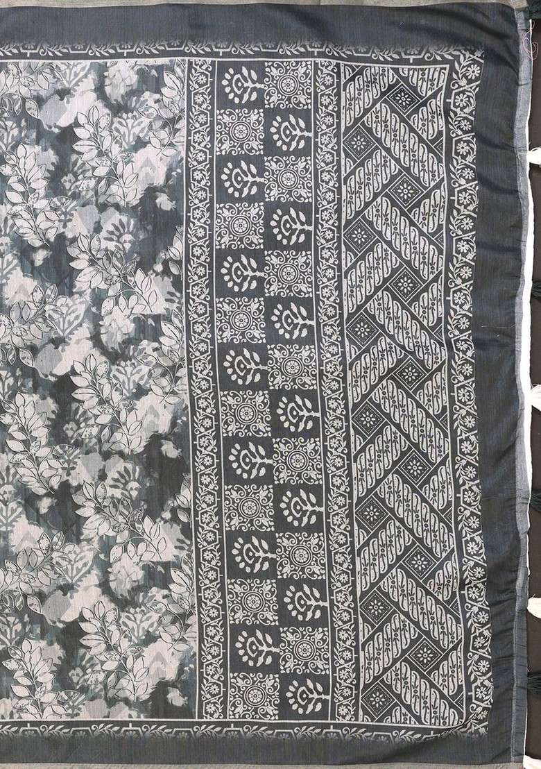 Black Printed Blended Saree Set - Indya