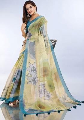 Yellow Printed Blended Saree Set