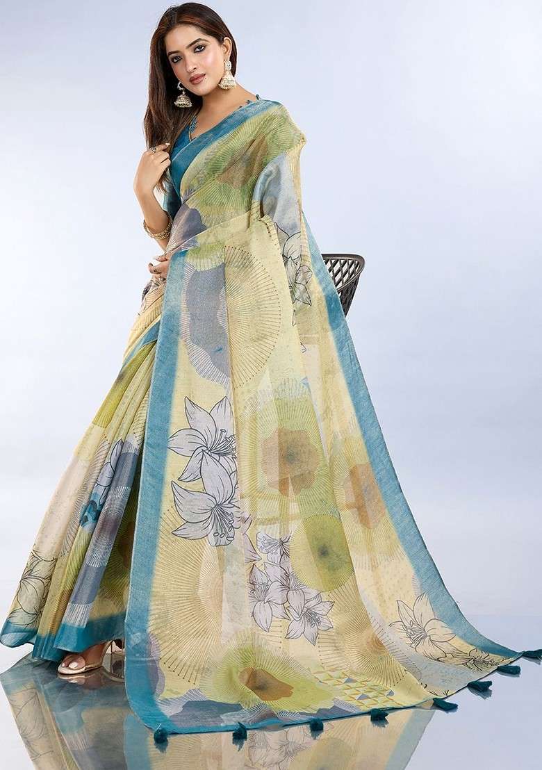 Yellow Printed Blended Saree Set - Indya