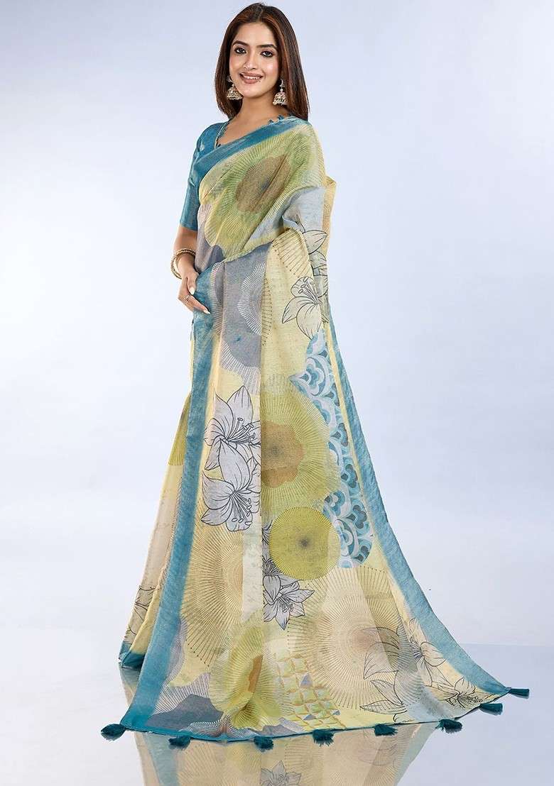 Yellow Printed Blended Saree Set - Indya
