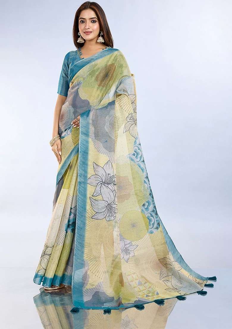 Yellow Printed Blended Saree Set - Indya