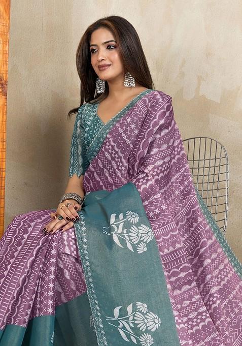 Pink Printed Blended Saree Set