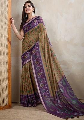 Brown Printed Blended Saree Set