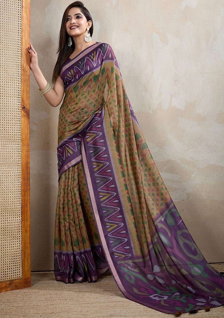 Brown Printed Blended Saree Set - Indya